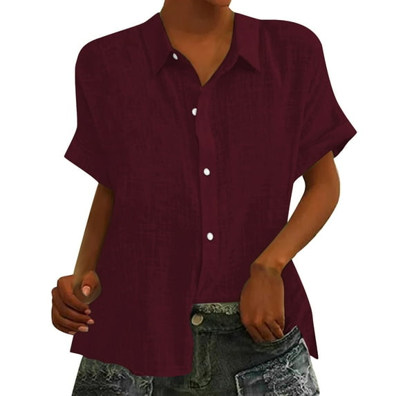 YOTMKGDO Button-Up Shirts Short Sleeve, Notch Neck Shirts for Women Loose Cotton Linen Lapel Blouses for Women Cardigan Solid Linen Shirts Workwear for Women Red S-XXL