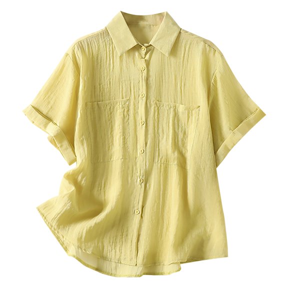 YOTMKGDO Button-Up Shirts for Women, Contrast Collar Women's Summer Lapel d Rolled Edge Silk Shirt Pleated Loose Casual Top Short Sleeve (Green, XL)