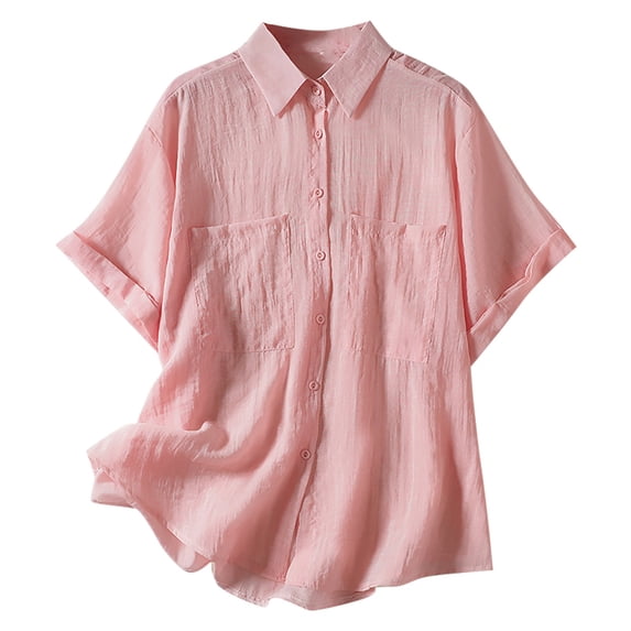 YOTMKGDO Button-Up Shirts for Women, Contrast Collar Women's Summer Lapel d Rolled Edge Silk Shirt Pleated Loose Casual Top Short Sleeve (Pink, XL)