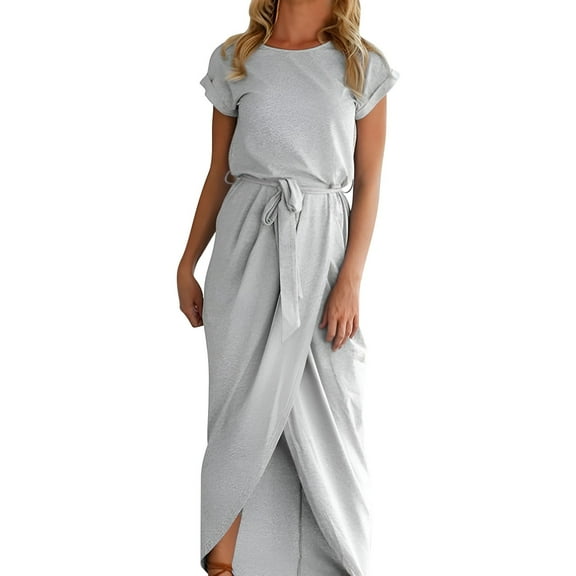 YOTMKGDO Casual Skirt Women Long DressCold Shoulder SolidBeachCasual Loose Dress, Gray XX-Large