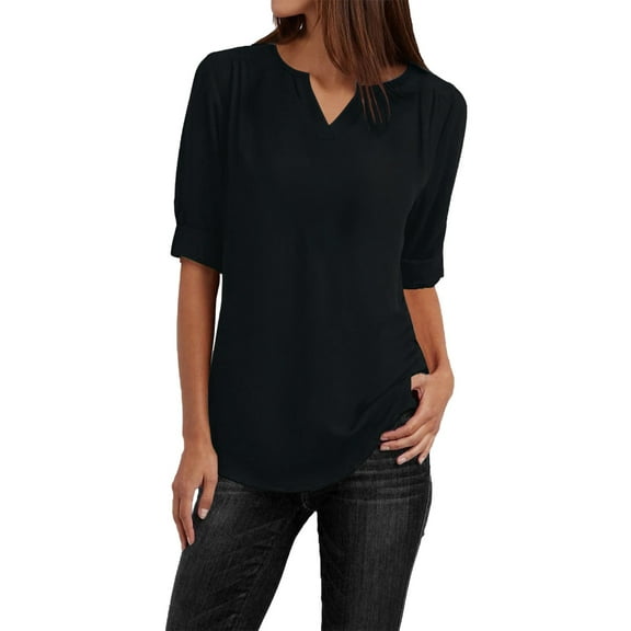 YOTMKGDO Elbow-Length V-Neck Shirt | Button Women Ladies Clothing Loose Shirt Chiffon Zipper Long Sleeves Plus Size Tops, summer tops for women (Black, 3XL)