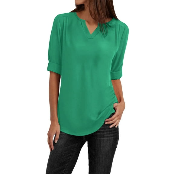 YOTMKGDO Elbow-Length V-Neck Shirt | Button Women Ladies Clothing Loose Shirt Chiffon Zipper Long Sleeves Plus Size Tops, summer tops for women (Green, 4XL)