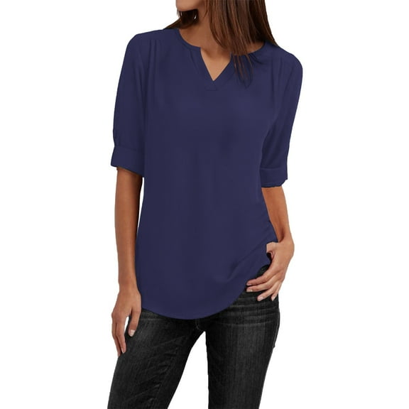 YOTMKGDO Elbow-Length V-Neck Shirt | Button Women Ladies Clothing Loose Shirt Chiffon Zipper Long Sleeves Plus Size Tops, summer tops for women (Navy, 5XL)