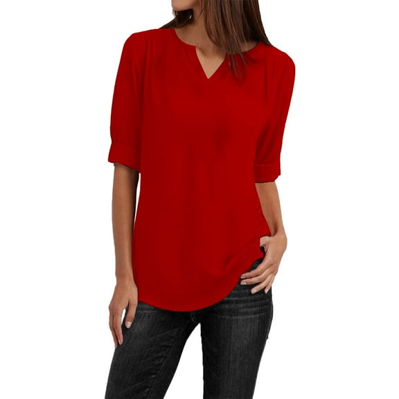 YOTMKGDO Elbow-Length V-Neck Shirt | Button Women Ladies Clothing Loose Shirt Chiffon Zipper Long Sleeves Plus Size Tops, summer tops for women (Red, 5XL)