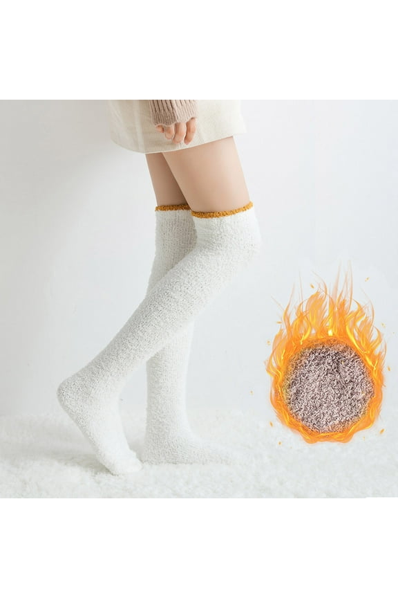 Fuzzy Socks for Women, Thigh High Socks Warm Warm Thigh-High Fuzzy Leggings Winter High Knee Home Over Women's Solid, White