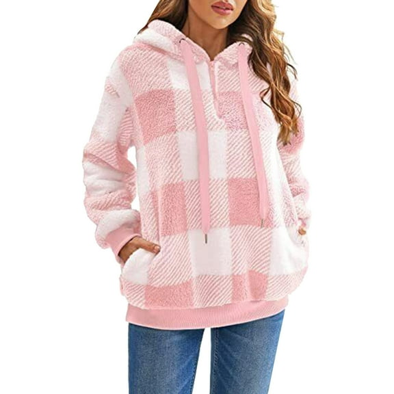 YOTMKGDO Hoodie Womens Sweatshirt Women Long Sleeve Plaid Pullover Top Plush Hooded Loose l Sweatshirt Womens Fall Fashion 2024, Sizes S-XXL