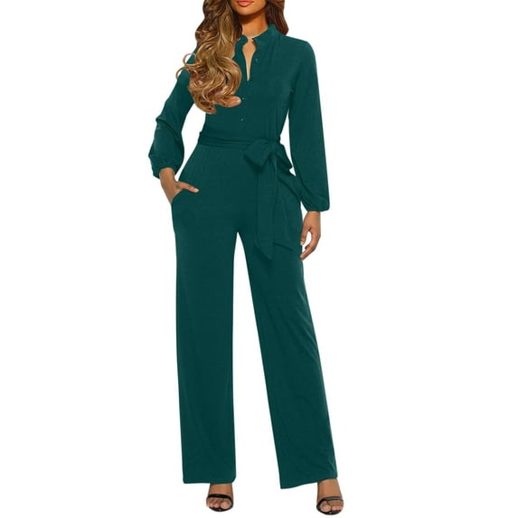 YOTMKGDO Jumpsuits for Women Long Sleeve Bodysuit Women Casual Jumpsuits Loose Fit Belted Dressy Long Sleeve Crewneck Autumn Jumpsuit Long, Sizes S-XXL