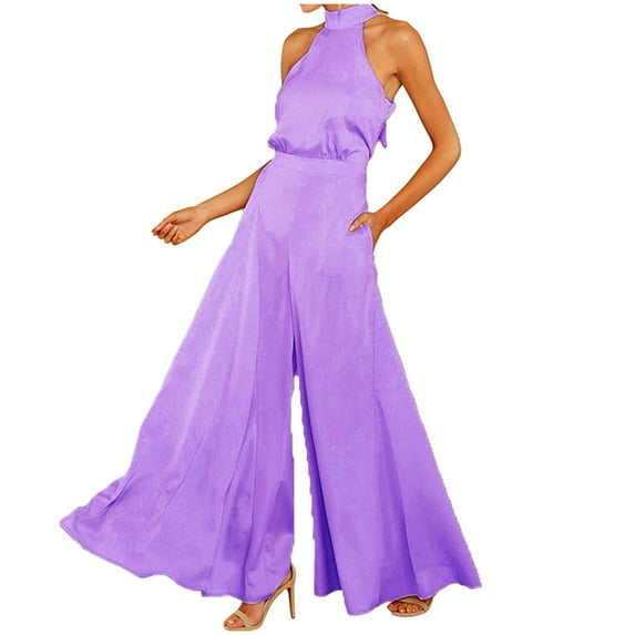 YOTMKGDO Jumpsuits for Women Halter Top Women Ladies Neck Tie Back Jumpsuit Solid Color Women Full Length Large Leg Pants, Sizes S-XXL