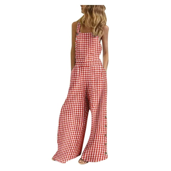 YOTMKGDO Jumpsuits for Women Women Sleeveless Overalls Jumpsuit Casual Plaid Print Wide Leg Bib Pants, Sizes S-3XL