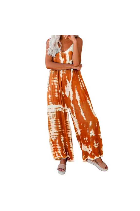 Jumpsuits for Women Womens Tie Dye Jumpsuit Sleeveless Casual Spaghetti Flowy Wide Leg Rompers, Sizes M-3XL