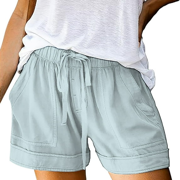 YOTMKGDO Linen Shorts for Women Casual Summer Shorts Plus Size High Waisted Loose Fit Drawstring Short Pants with Pockets, Linen Shorts (Light Blue, S)