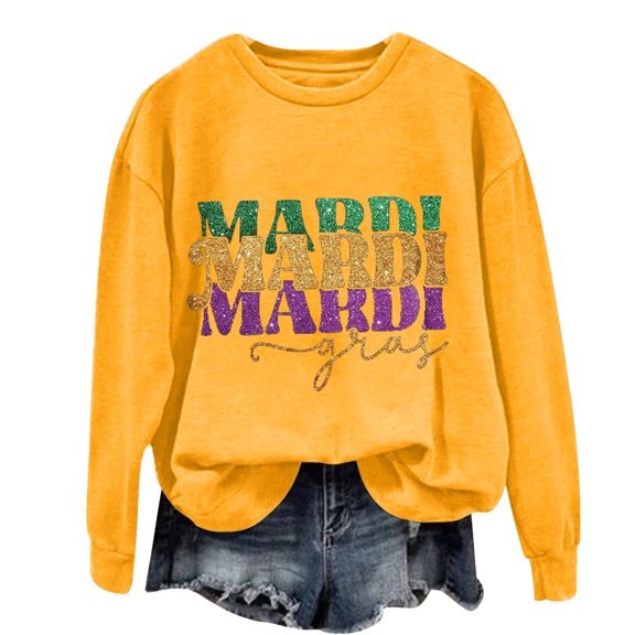 YOTMKGDO Mardi Gras Outfit for Women, Mardi Women's Letter Printed Round Neck Long Sleeve Top Yellow M