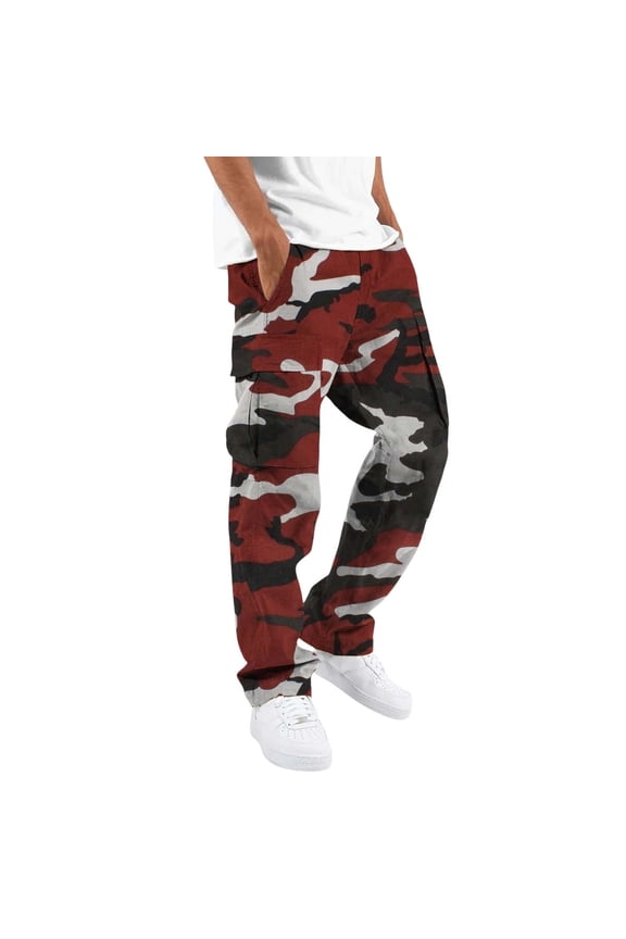 Men's Casual Camouflage Print Cargo Pants Drawstring Stretch Elastic Waist Tapered Pants with Pockets, Pants for Men, Burgundy Sizes S-3XL