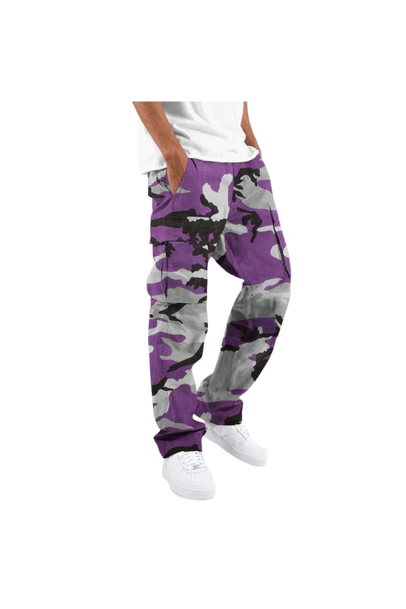 Men's Casual Camouflage Print Cargo Pants Drawstring Stretch Elastic Waist Tapered Pants with Pockets, Pants for Men, Purple Sizes S-3XL