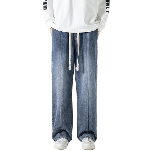 YOTMKGDO Mens Jeans, Baggy Jeans, Mens High Street Washed Old Jeans Gradual Loose Straight Tube Floor Sweeping Wide Leg Pants, Blue L