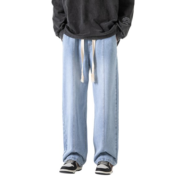YOTMKGDO Mens Jeans, Baggy Jeans, Mens High Street Washed Old Jeans Gradual Loose Straight Tube Floor Sweeping Wide Leg Pants, Light Blue L