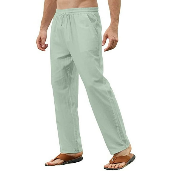 YOTMKGDO Mens Pants Casual, Men's Solid Colored Cotton Linen Loose Fitting Casual Lightweight Elastic Waist Pants Casual Pants Home Pants, Green M