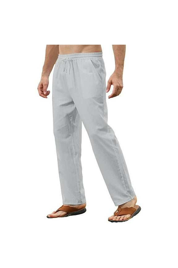 Mens Pants Casual, Men's Solid Colored Cotton Linen Loose Fitting Casual Lightweight Elastic Waist Pants Casual Pants Home Pants, Grey 3XL
