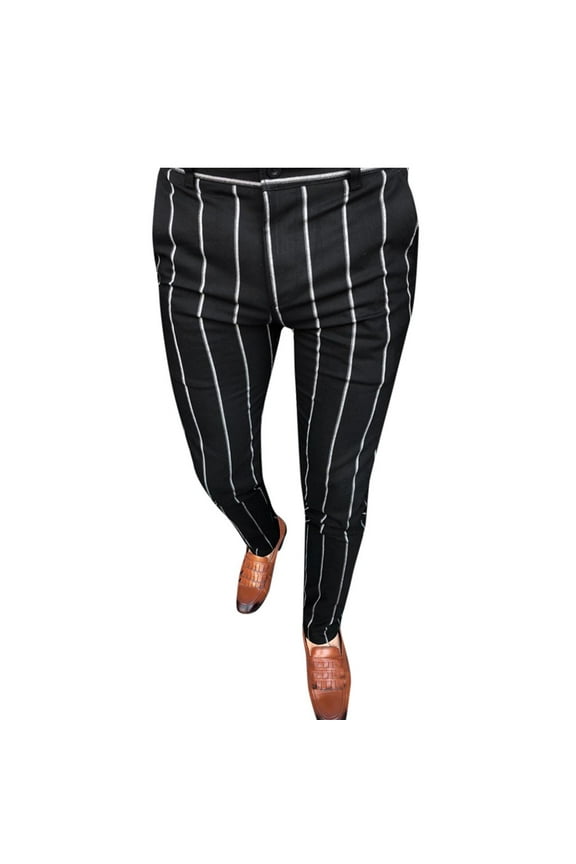 Mens Pants Casual, Pantalones De Hombre, Trousers Business Slim Long Casual Fit Striped Men Print Zipper Pants Men'S Pants, Black L