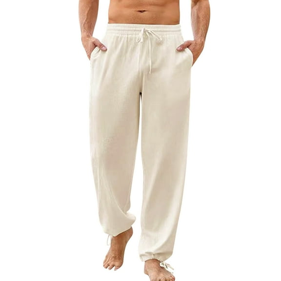 YOTMKGDO Mens Swim Trunks, Mens Pants Casual, Mens Casual Solid Color Cotton and Linen Lace Up Pants Bloomers Pants Pantalones De Hombre, Beige L