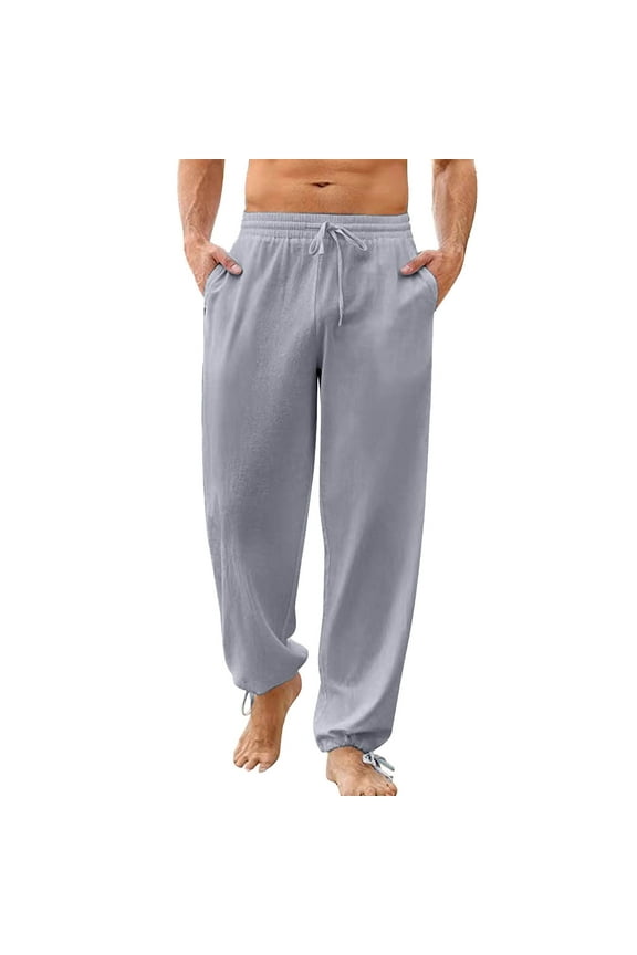 Mens Swim Trunks, Mens Pants Casual, Mens Casual Solid Color Cotton and Linen Lace Up Pants Bloomers Pants Pantalones De Hombre, Grey L