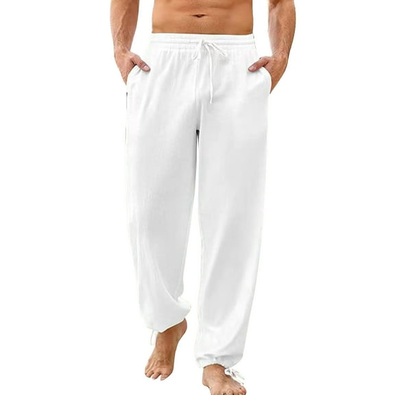 YOTMKGDO Mens Swim Trunks, Mens Pants Casual, Mens Casual Solid Color Cotton and Linen Lace Up Pants Bloomers Pants Pantalones De Hombre, White XXL