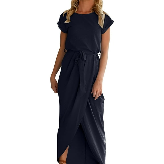 YOTMKGDO Navy Blue Dress for women Long DressCold Shoulder SolidBeachCasual Loose Dress, XX-Large