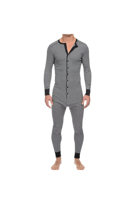 Onesie Adult Jumpsuit for Men Button Up Stripe Print Long Sleeve V Neck Romper Sleepwear, Sizes S-3XL