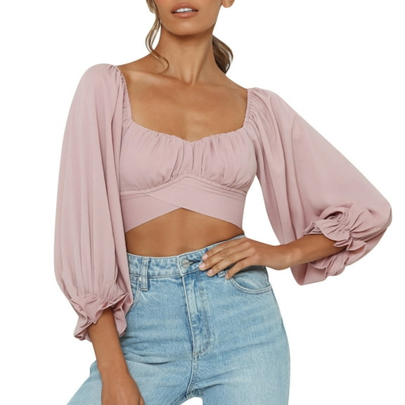 YOTMKGDO Pink Long Sleeve Shirt Women, Square Neck Long Sleeve Top, Women Ladies Drawstring Long Sleeve V Neck Short Blouse Shirt, Pink Top, L
