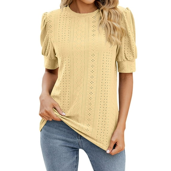 YOTMKGDO Puff Sleeve Tops for Women, Eyelet Tops for Women, Women'S Summer Blouses Fashion O Neck Elegant Office Shirt Casual Short Sleeve, Short Sleeve Shirts for Women, Yellow, XXL