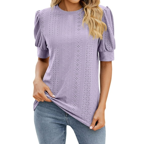 YOTMKGDO Puff Sleeve Tops for Women, Eyelet Tops for Women, Women'S Summer Blouses Fashion O Neck Elegant Office Shirt Casual Short Sleeve, Short Sleeve Shirts for Women, Purple, L