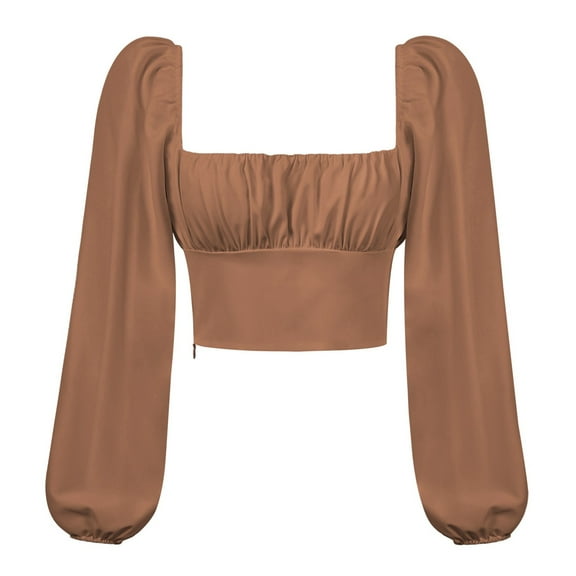 YOTMKGDO Ruched Tops for Women, Pink Long Sleeve Shirt Women, Square Collar Drape Long Sleeves Slim Fashion Women Elegant Tops, Square Neck Long Sleeve Top, Coffee, S