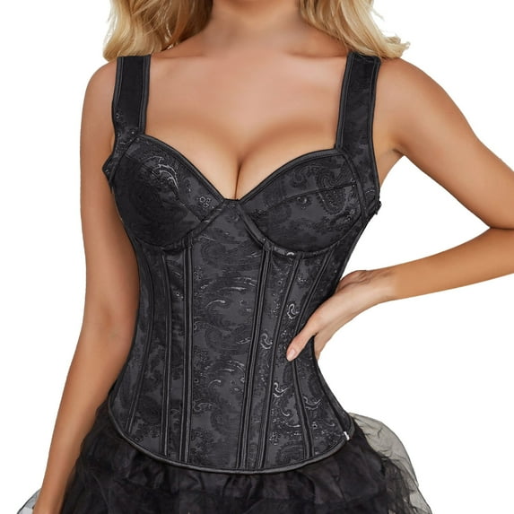 YOTMKGDO Shapewear Tummy Control, Women'S Lace Up Vintage Boned Bustier Corset with Garters Lace Up Boned Overbust Corset Bustier Lingerie Bodyshaper (#6 Black, S)