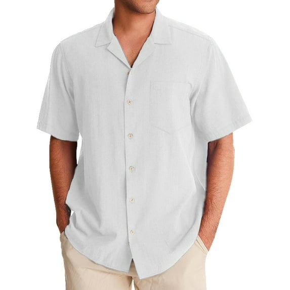 YOTMKGDO Shirts for Men, Men's Casual Fashion Solid Color Loose Trend Button Cuban Neck Short Sleeved Shirt Short Sleeve Button Down Men, White 5X-Large