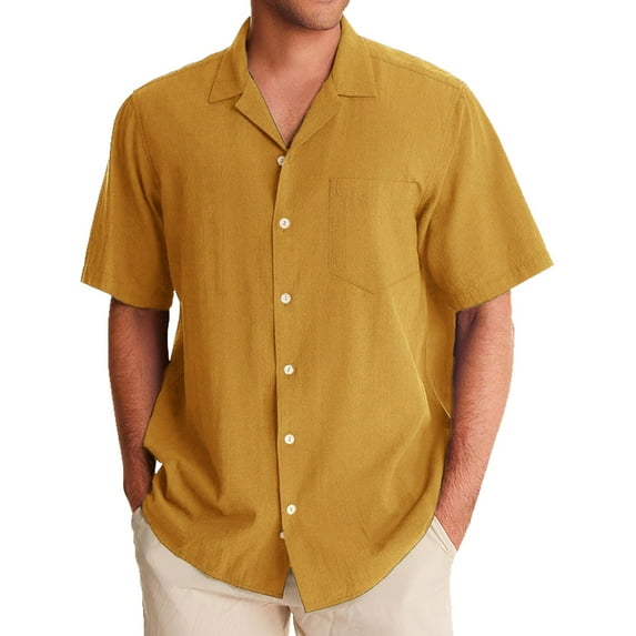 YOTMKGDO Shirts for Men, Men's Casual Fashion Solid Color Loose Trend Button Cuban Neck Short Sleeved Shirt Short Sleeve Button Down Men, Yellow Large