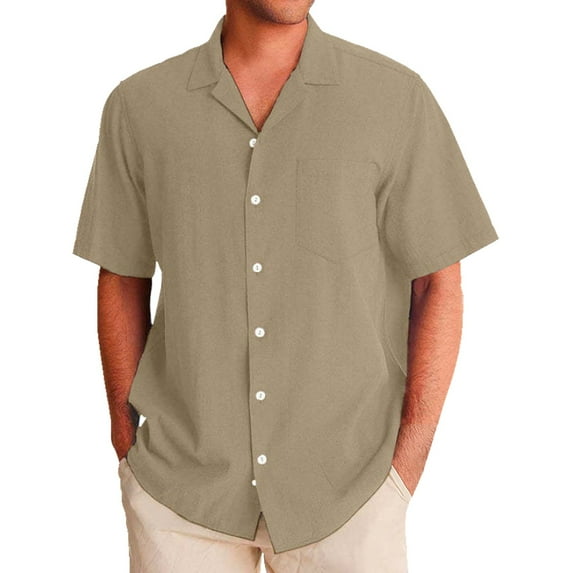 YOTMKGDO Shirts for Men, Men's Casual Fashion Solid Color Loose Trend Button Cuban Neck Short Sleeved Shirt Short Sleeve Button Down Men, Khaki Large