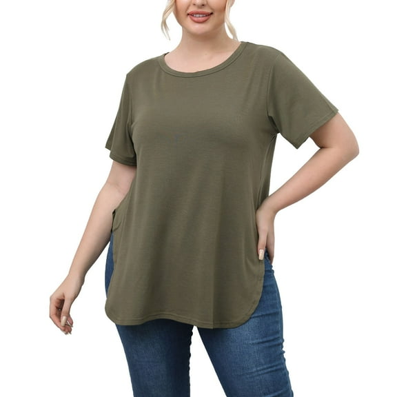 YOTMKGDO Short Sleeve Crew Neck Shirt | Women's European And American Plus Size Women's Clothing Supplier Manufacturer Casual Simple Tops Slit T Shirt, summer tops for women (Sage Green, L)