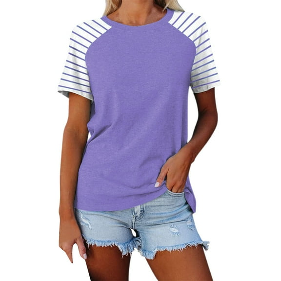 YOTMKGDO Short Sleeve Crew Neck Shirt | Women's Patchwork Striped Color Block Loose Casual d T Shirt, summer tops for women (01# Purple, S)