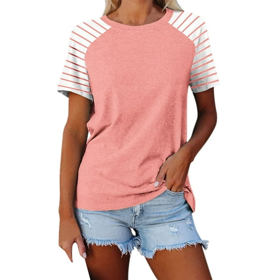 YOTMKGDO Short Sleeve Crew Neck Shirt | Women's Patchwork Striped Color Block Loose Casual d T Shirt, summer tops for women (01# Watermelon Red, XL)