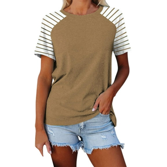 YOTMKGDO Short Sleeve Crew Neck Shirt | Women's Patchwork Striped Color Block Loose Casual d T Shirt, summer tops for women (02# Coffee, XL)