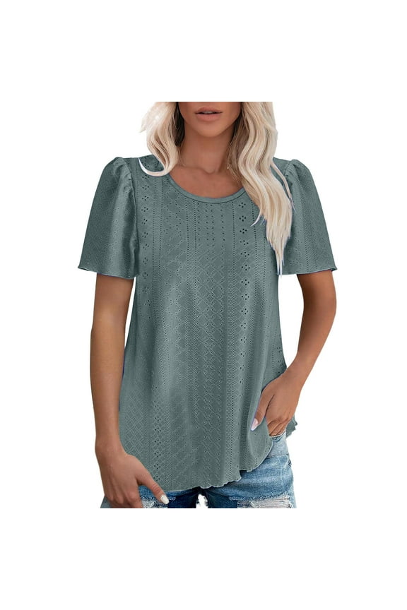 Short Sleeve Crew Neck Shirt | Women's Puffed Sleeve Hole Hollow Casual T Shirt, summer tops for women (Sage Green, L)