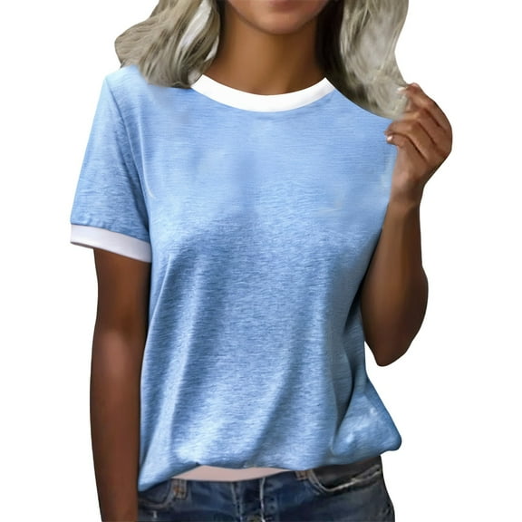 YOTMKGDO Short Sleeve Crew Neck Shirt | Women's Spring Color Blocked Loose Casual T Shirt, summer tops for women (01# Blue, L)