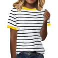 thumbnail image 1 of YOTMKGDO Short Sleeve Crew Neck Shirt | Women's Spring Stripe Splicing Loose Casual T Shirt, summer tops for women (03# Yellow, L), 1 of 5