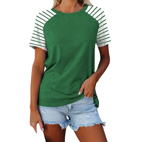 YOTMKGDO Short Sleeve O Neck Shirt | Women's Patchwork Striped Color Block Loose Casual d T Shirt, summer tops for women (01# Sage Green, XL)