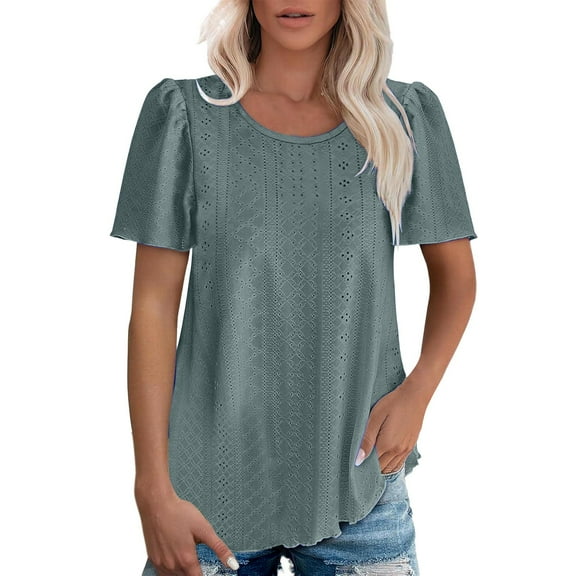 YOTMKGDO Short Sleeve Round Neck Shirt | Women's Puffed Sleeve Hole Hollow Casual T Shirt, summer tops for women (Sage Green, M)