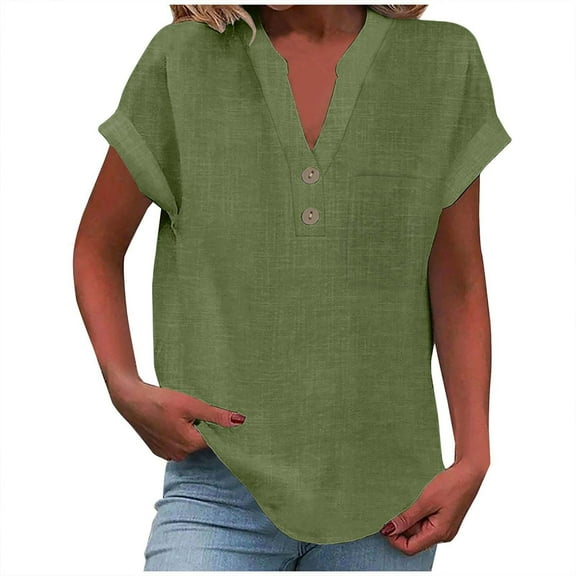 YOTMKGDO Short Sleeve V-Neck Shirt | Women's Casual V Neck Button up Top T Shirt with Pockets, summer tops for women (01# Sage Green, L)