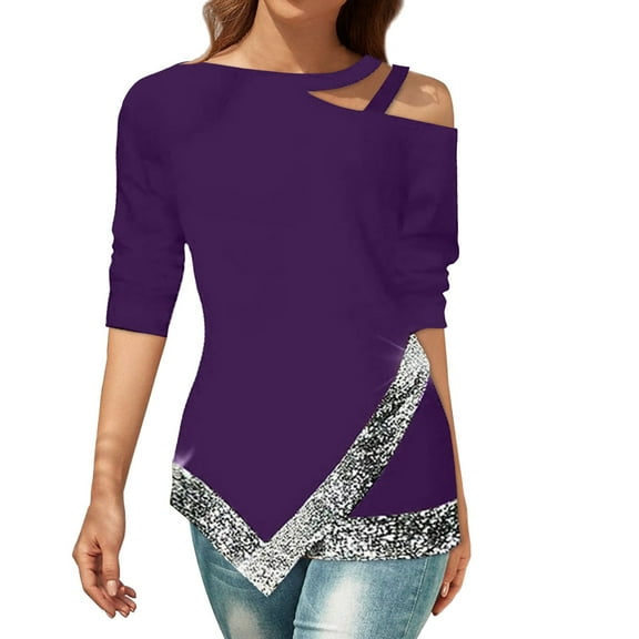 YOTMKGDO Off The Shoulder Top, Sparkly Tops for Women, New Off The Shoulder Irregular Sequin Long Sleeved Casual Top Round Neck T Shirt Fashion, Purple, L
