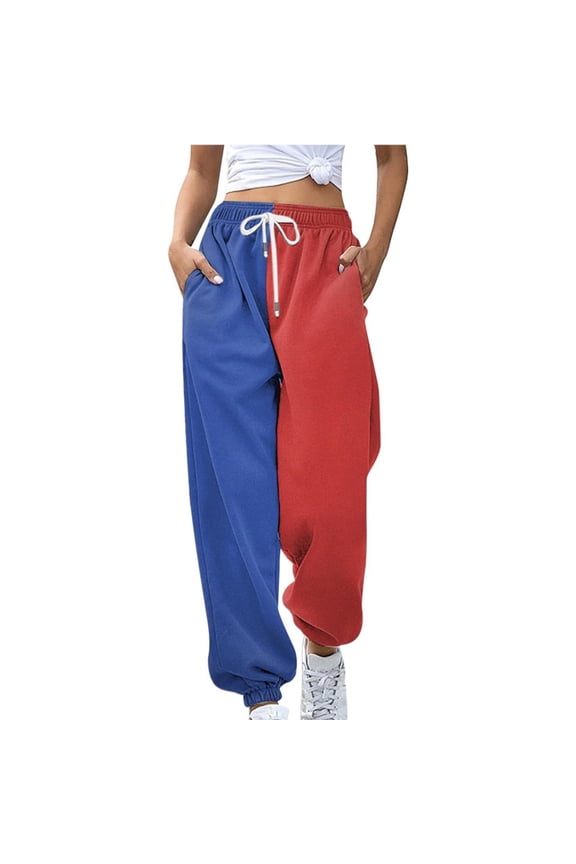 Slacks for Women Fashion Women's Loose Breathable Color Blocking Gradient Side Pockets Leg Opening Drawstring Seasonal Ladies Women's Pants Red XL