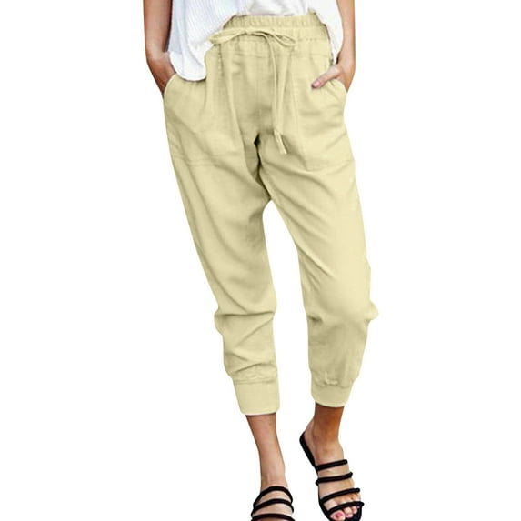 YOTMKGDO Slacks for Women Spring and Summer Casual Solid Color Elastic Waist Pocket Strap and Foot Casual Nine Point Pants Women's Pants Khaki L