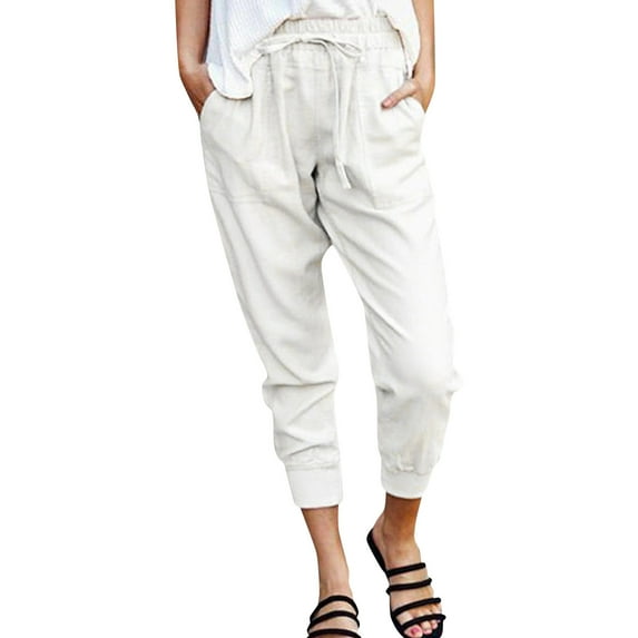 YOTMKGDO Slacks for Women Spring and Summer Casual Solid Color Elastic Waist Pocket Strap and Foot Casual Nine Point Pants Women's Pants White L